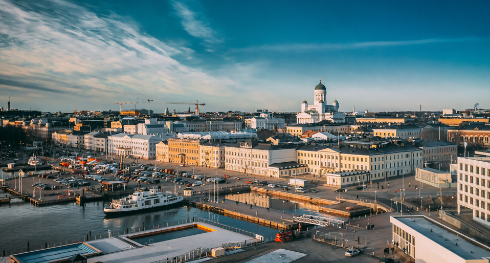 Helsinki, Finland. Top View Of Market Square, Street With Presidential Palace And Helsinki Cathedral.